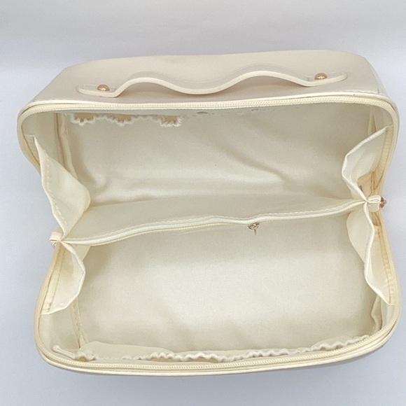Cream Cosmetic Bag with Smooth Material and Curved Handle - Picture 2 of 10